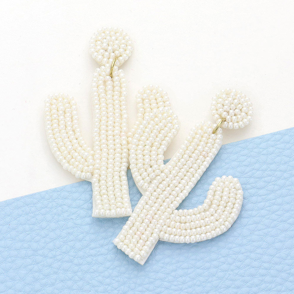 Ivory Beaded Cactus Drop Earrings