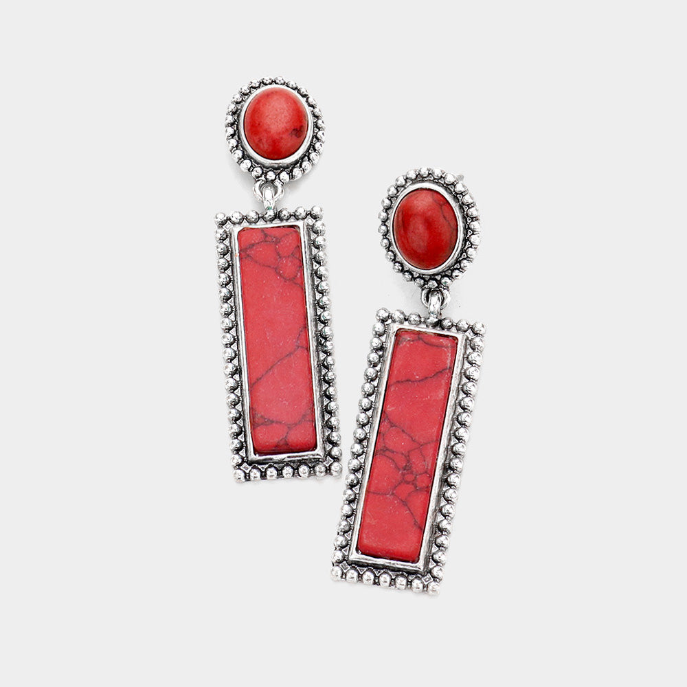 Coral Natural Stone Rectangle Earrings