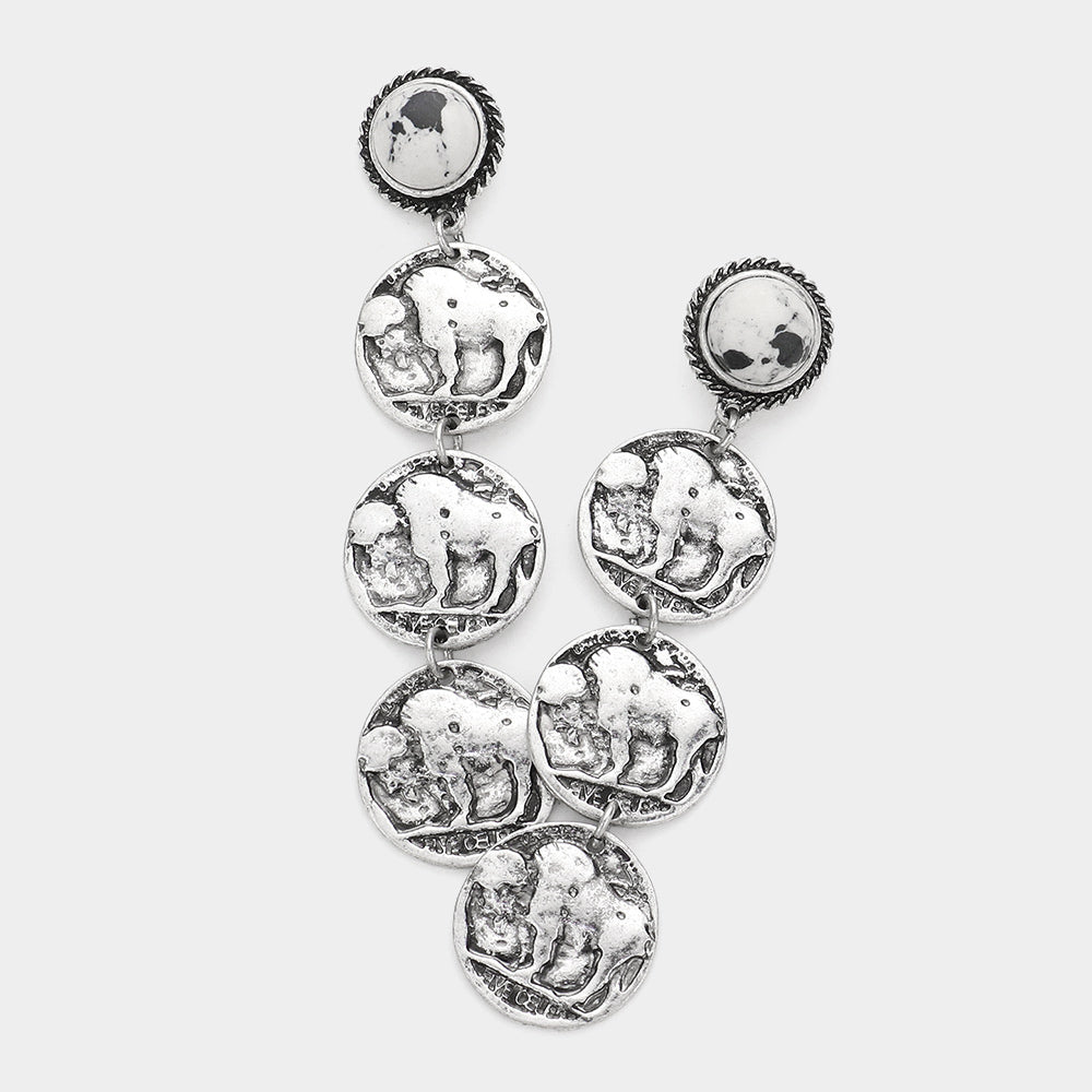 Black White Stone Coin Dangle Earrings