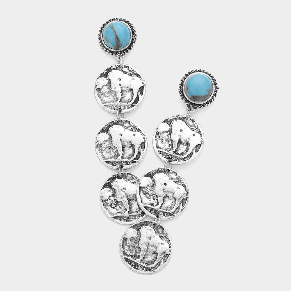 Turquoise Stone Coin Dangle Earrings