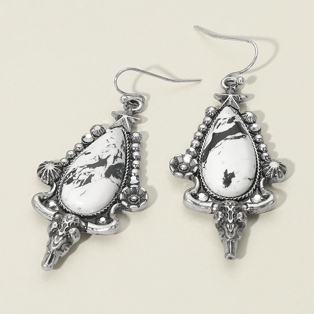 Howlite White Steer Head Dangle Earrings