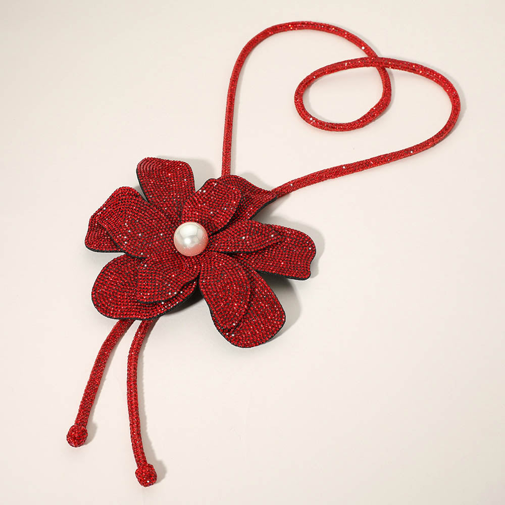 Siam Red Beaded Flower Bolo Necklace