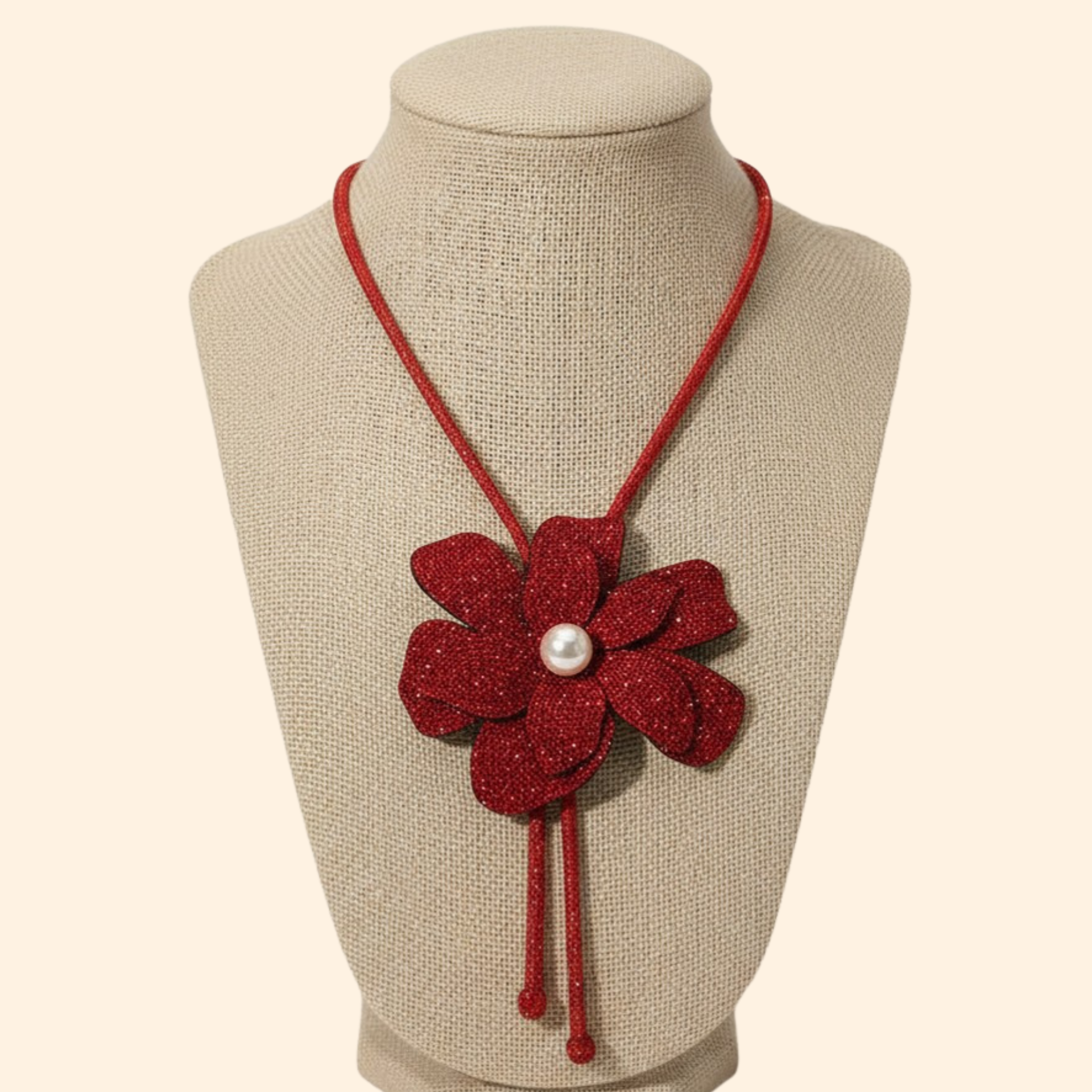 Siam Red Beaded Flower Bolo Necklace