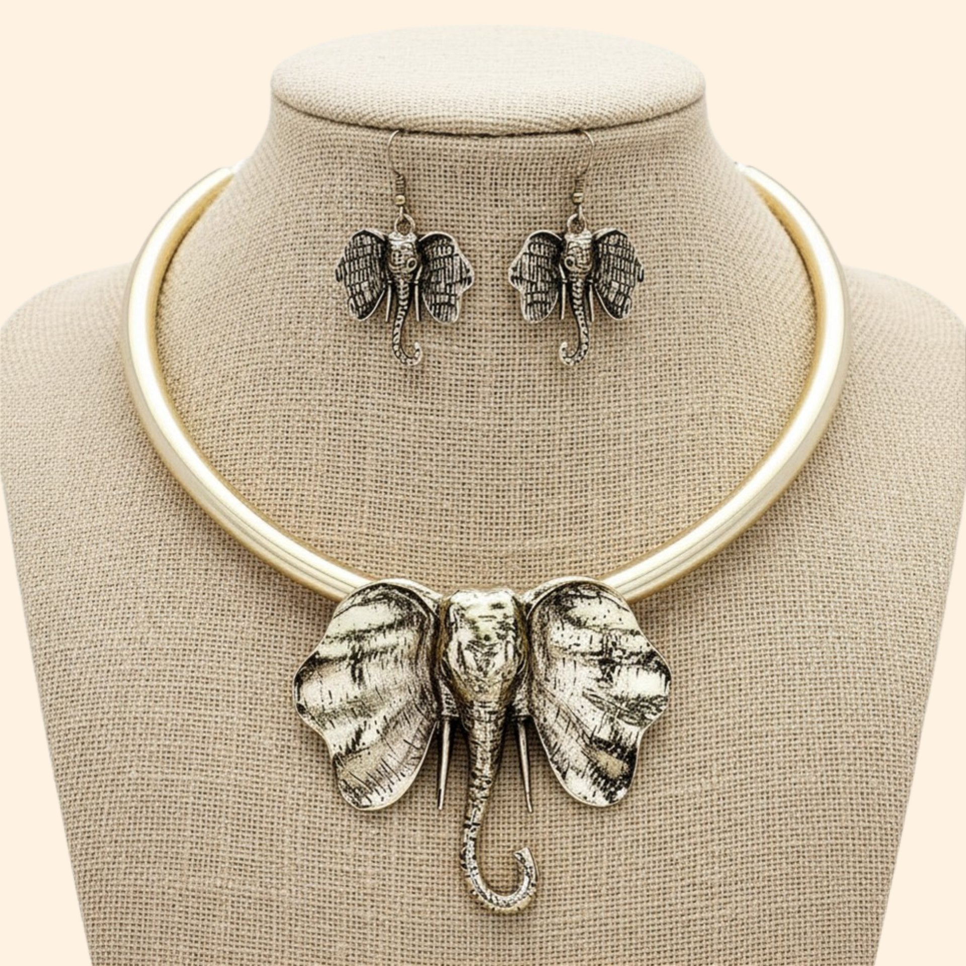 Gold Elephant Accented Statement Necklace Set