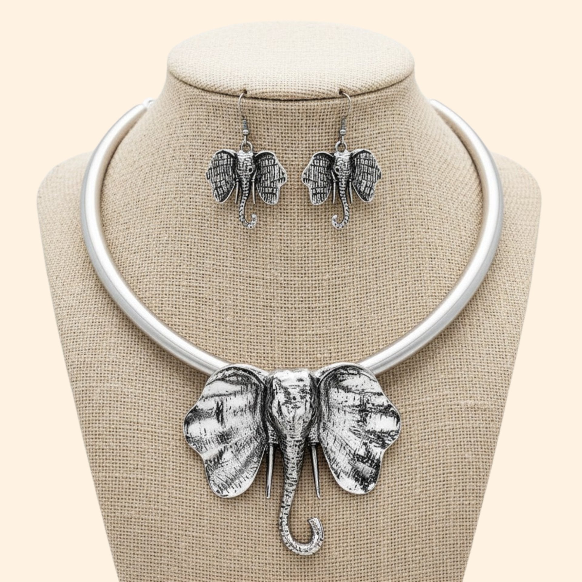Silver Elephant Accented Statement Necklace Set