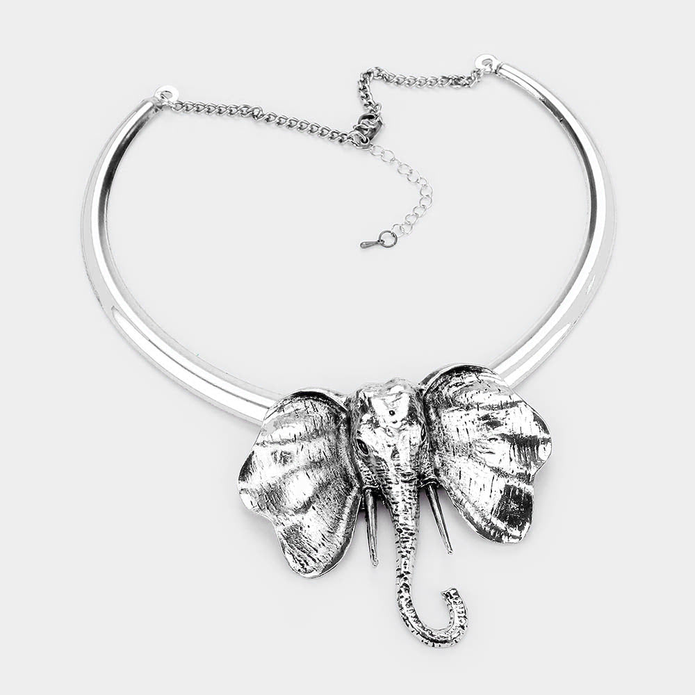 Silver Elephant Accented Statement Necklace Set