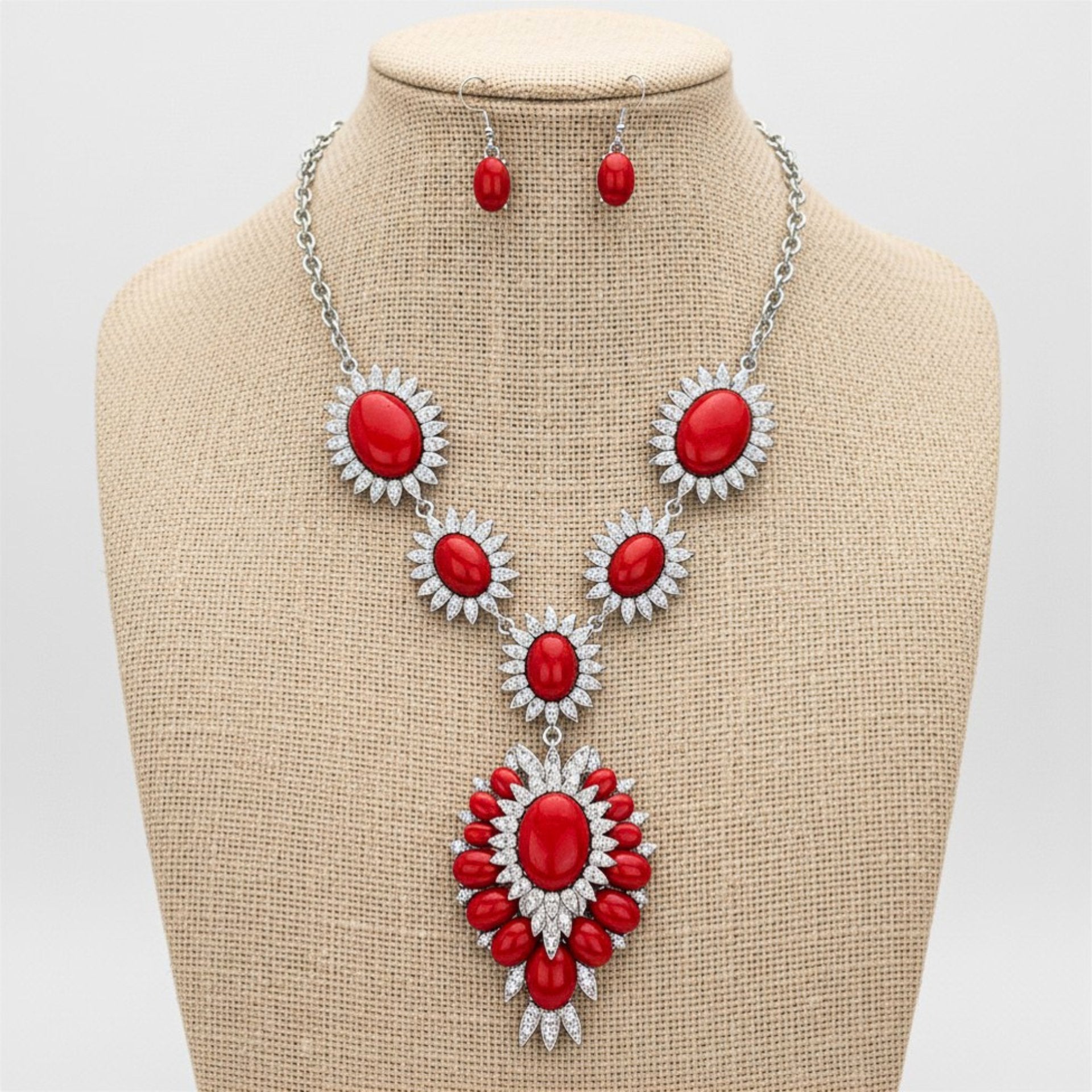 Red Oval Stone Accented Link Necklace Set