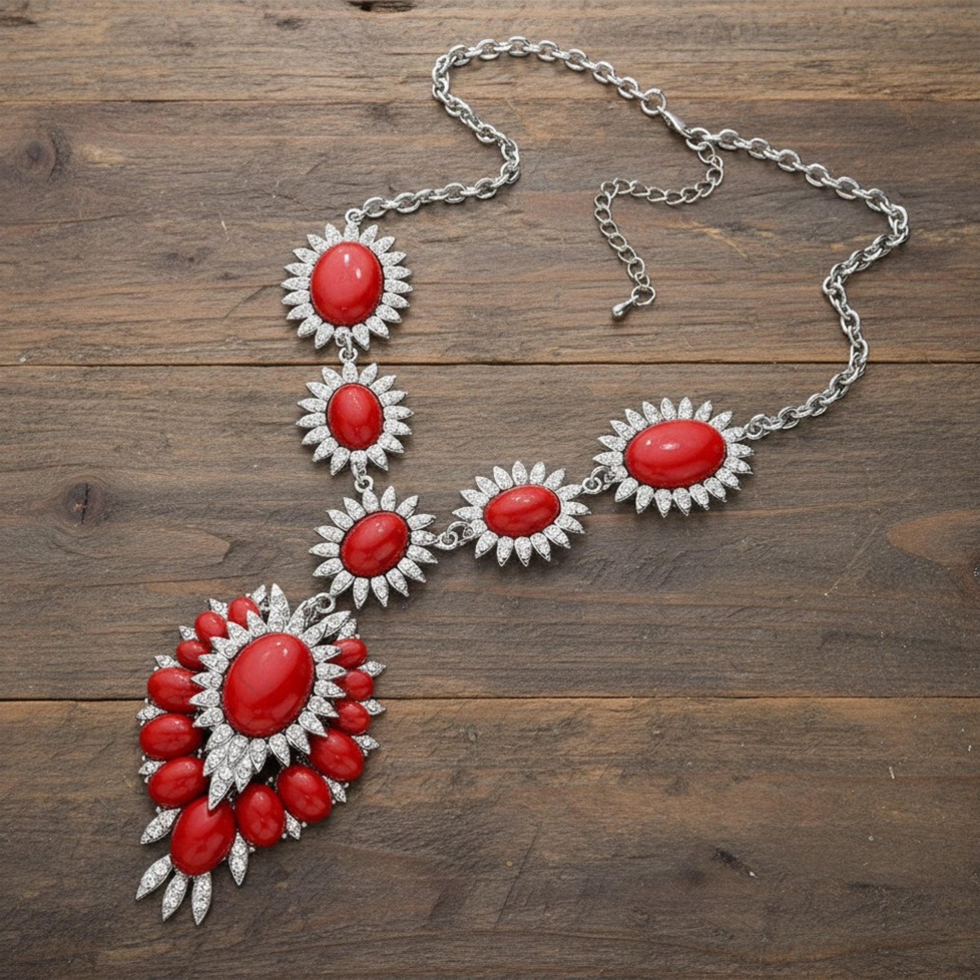 Red Oval Stone Accented Link Necklace Set