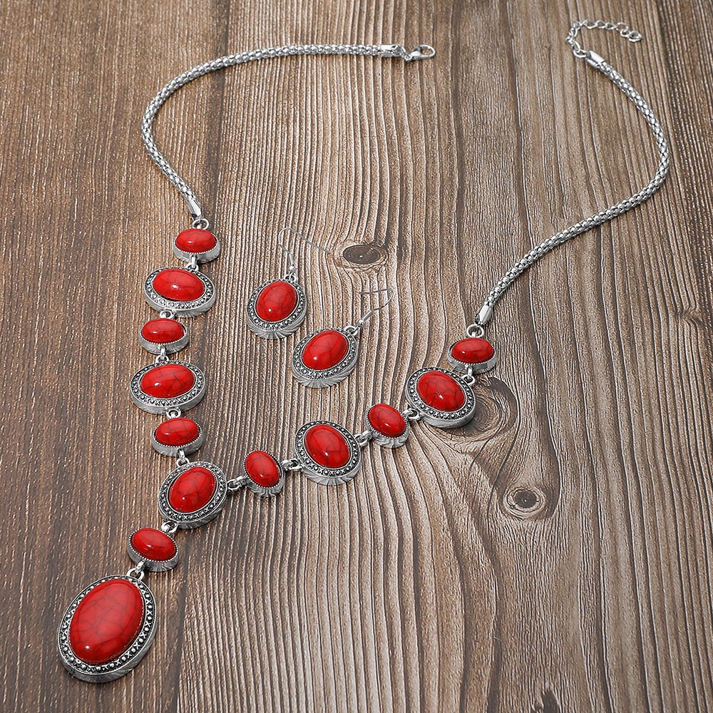 Red Cascading Oval Stone Necklace Set