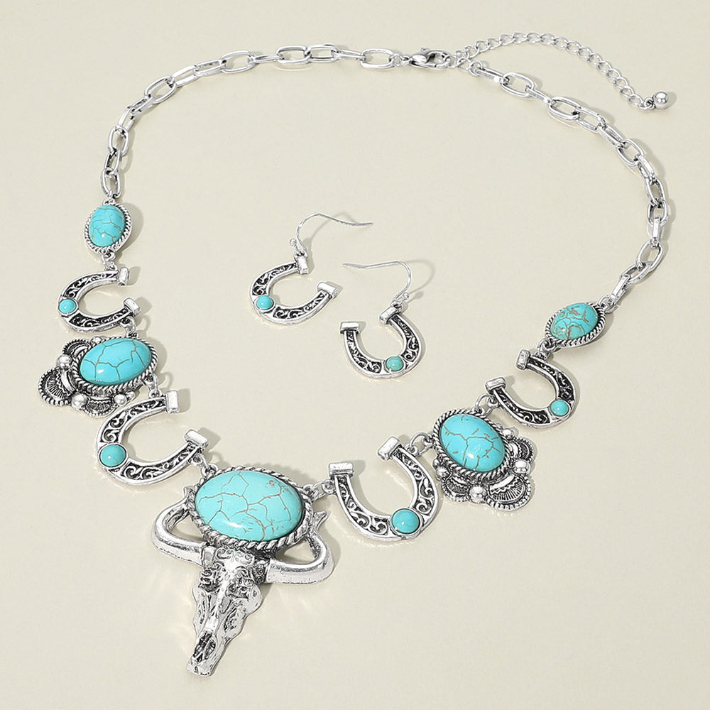 Turquoise Silver Steer Head Statement Necklace Set