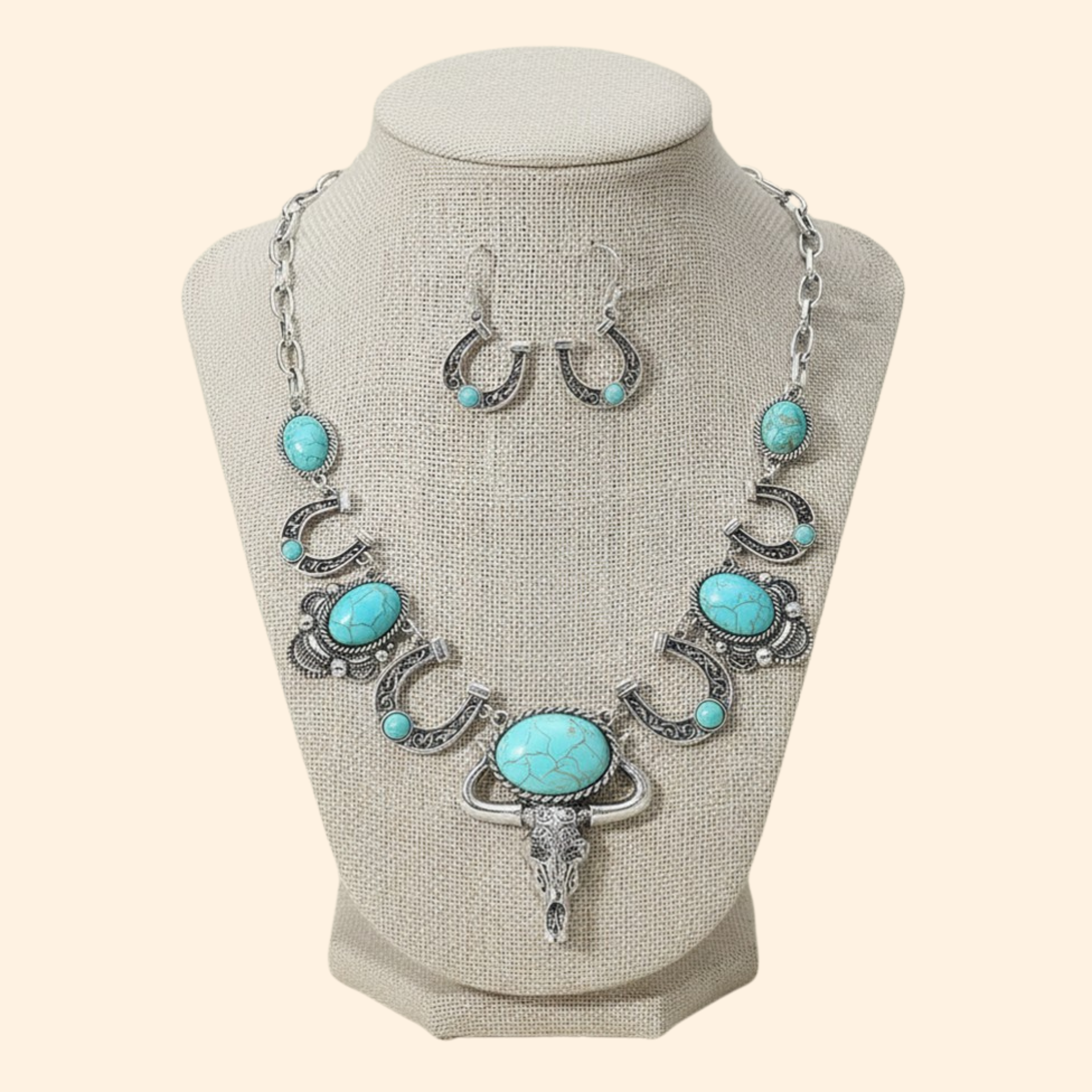 Turquoise Silver Steer Head Statement Necklace Set