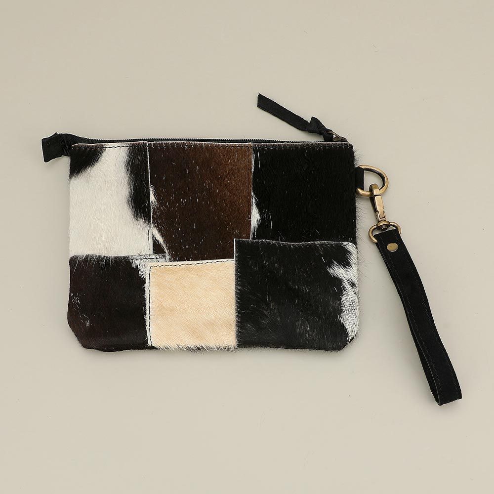 Black Genuine Leather Cowhide Wristlet
