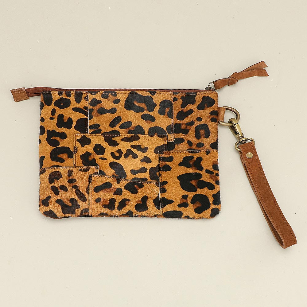 Leopard Genuine Leather Calf Fur Wristlet