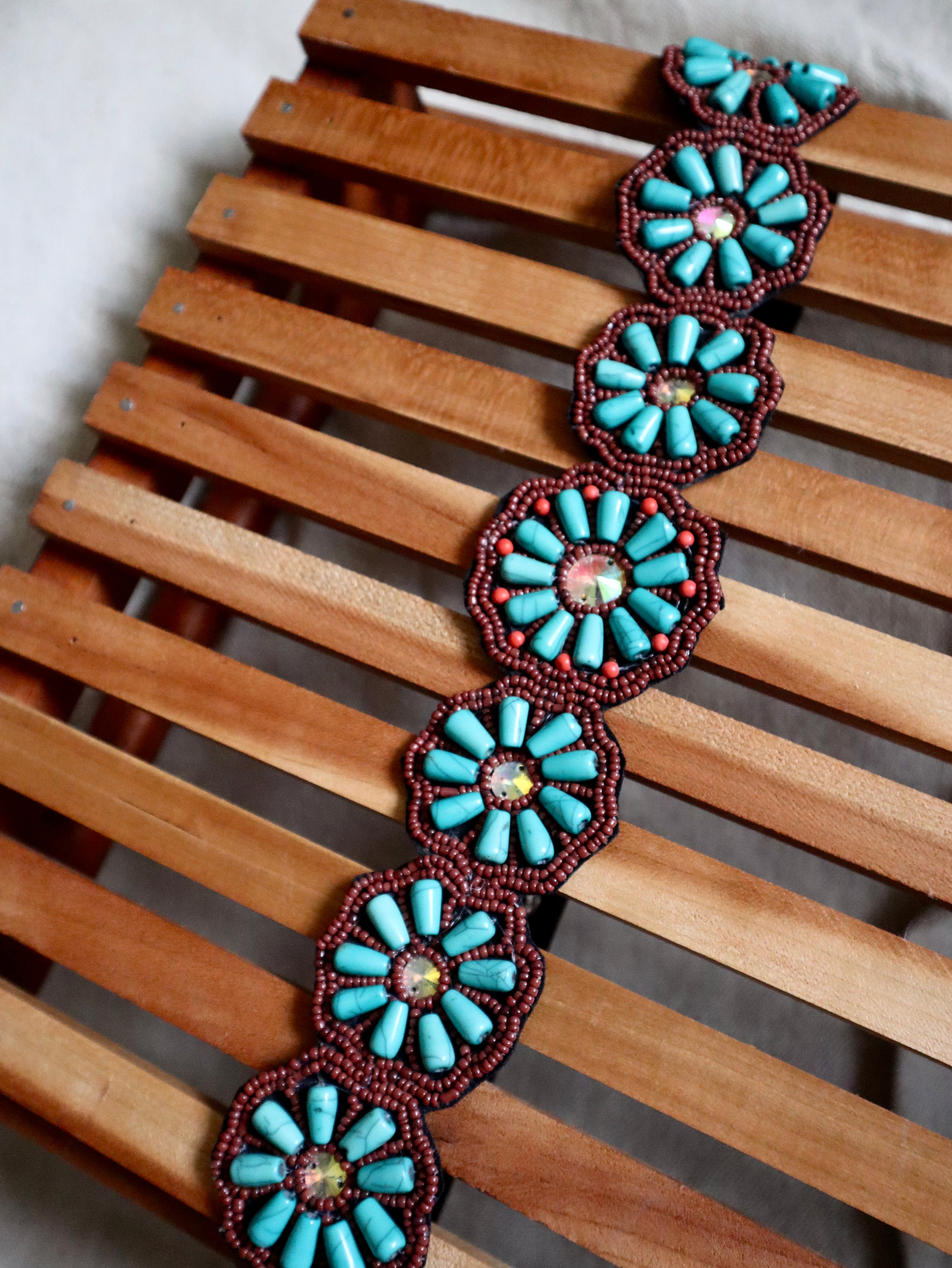 Turquoise Flower Beaded Western Belt