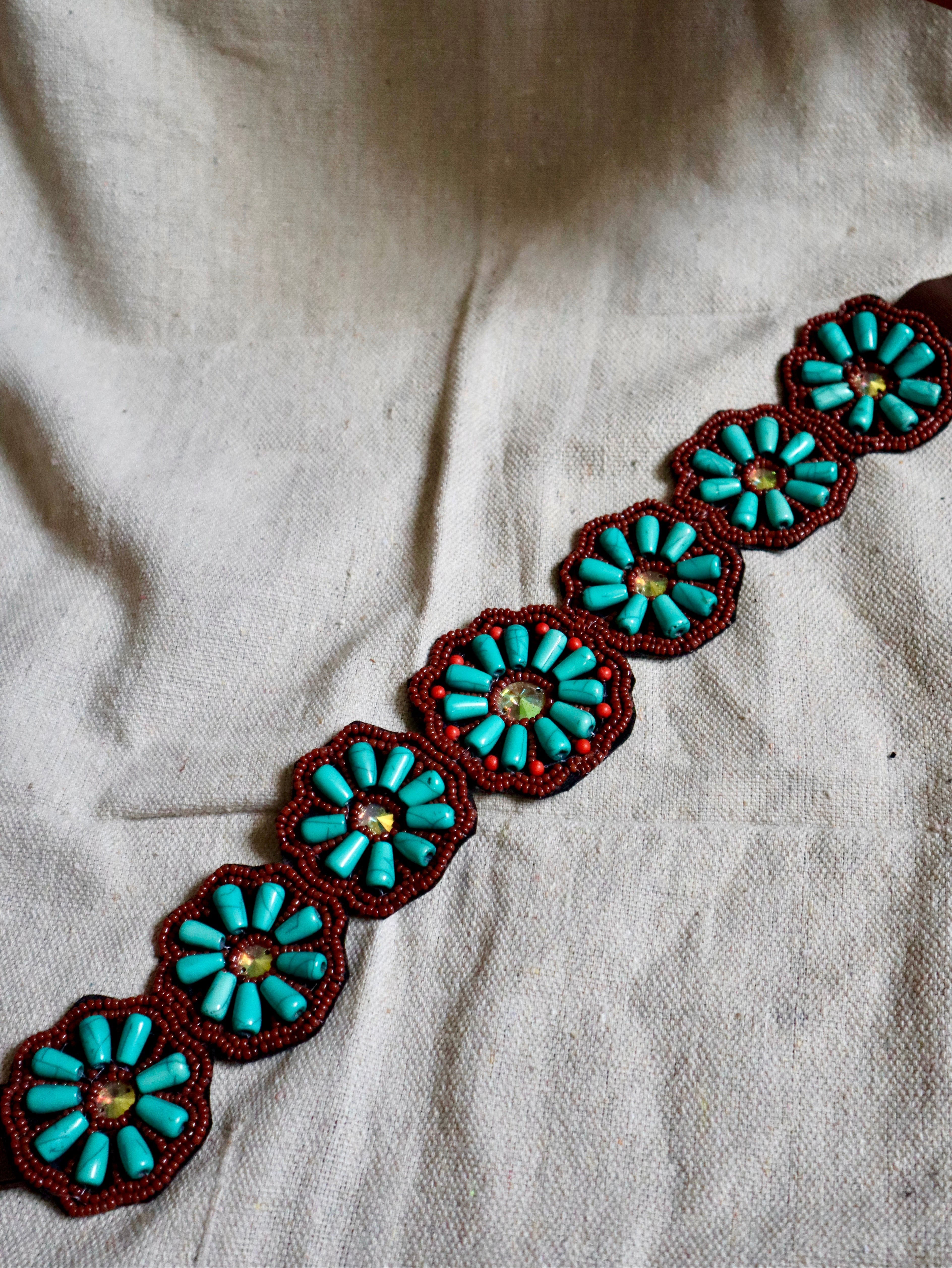 Turquoise Flower Beaded Western Belt