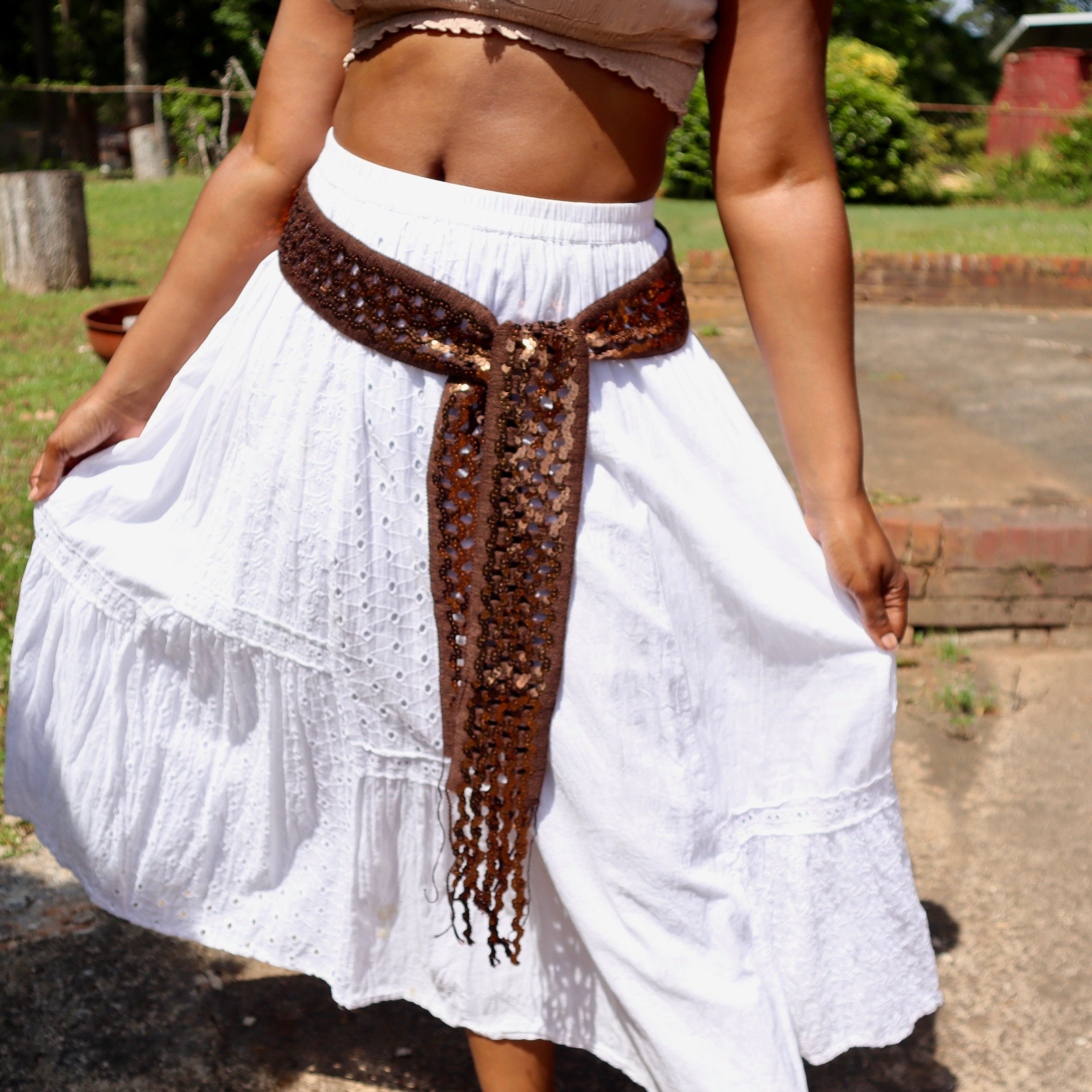 Kaya Brown Sequin Fringe Sash Belt