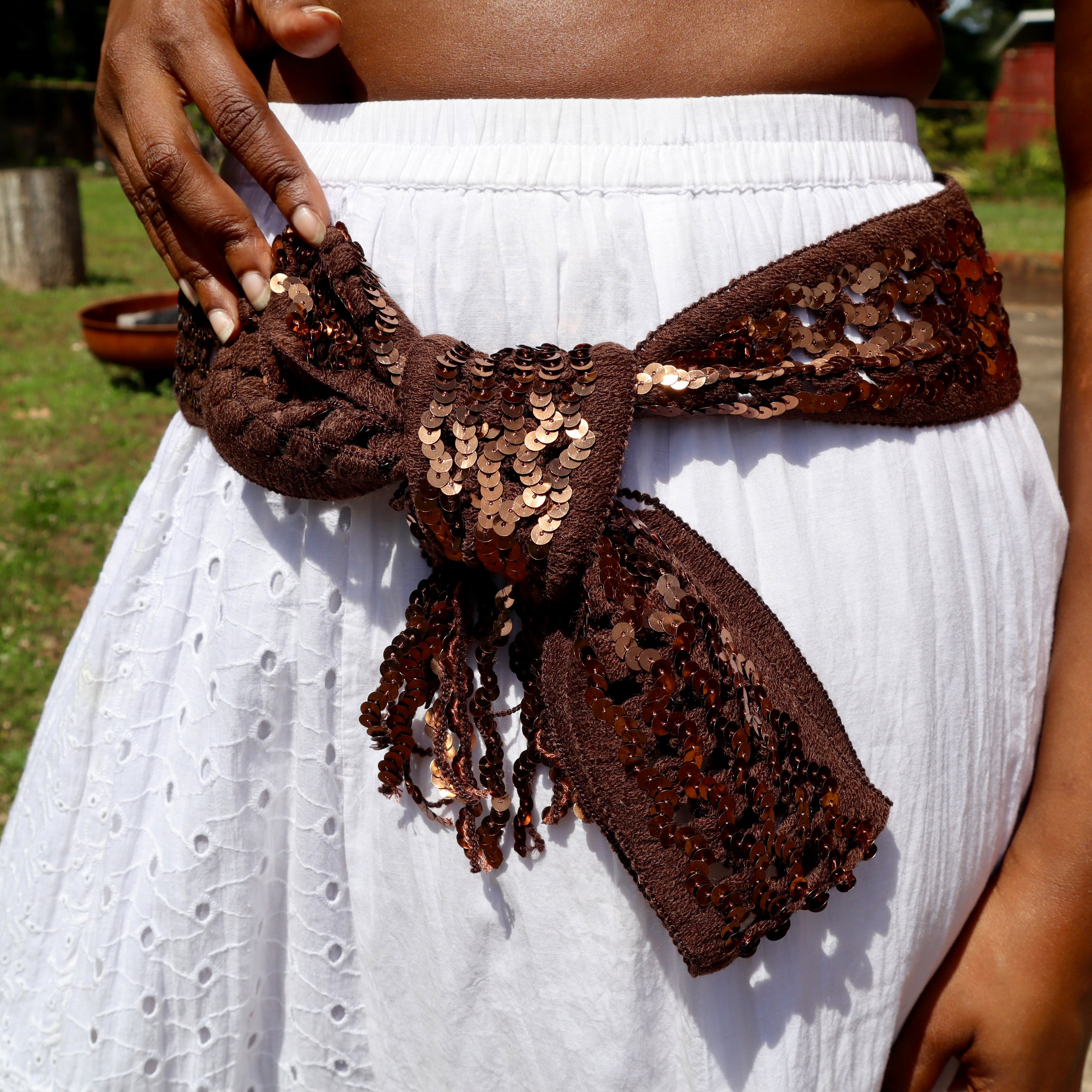 Kaya Brown Sequin Fringe Sash Belt