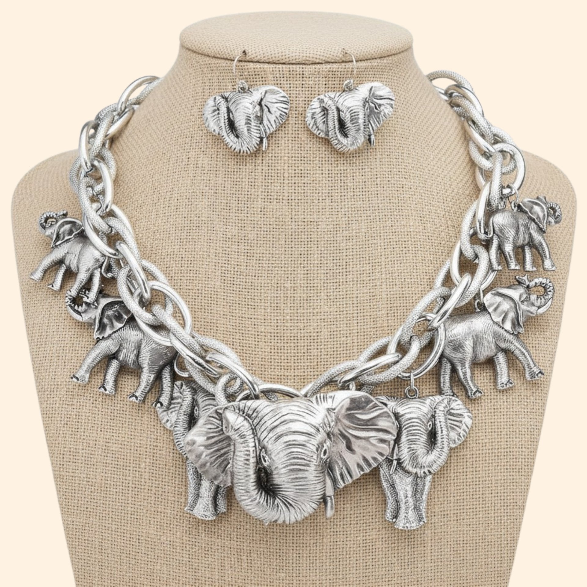 Antique Silver Elephant Charm Necklace Set