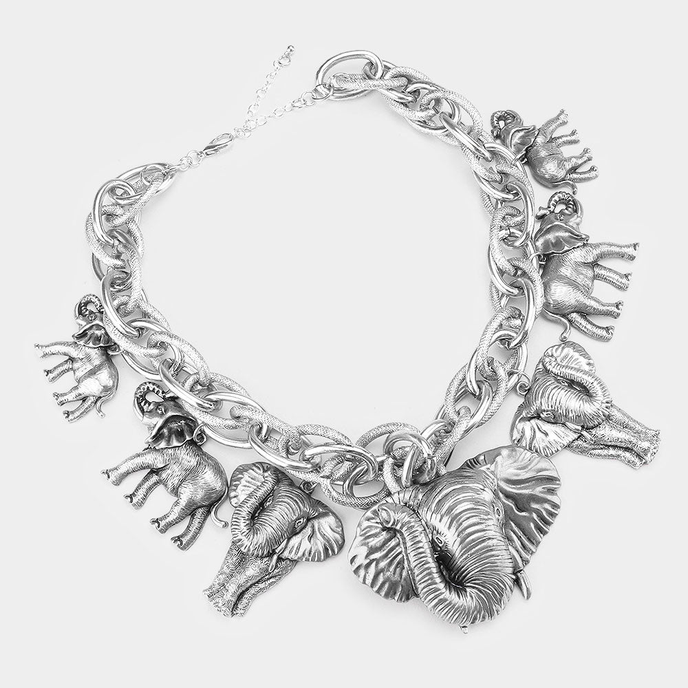Antique Silver Elephant Charm Necklace Set