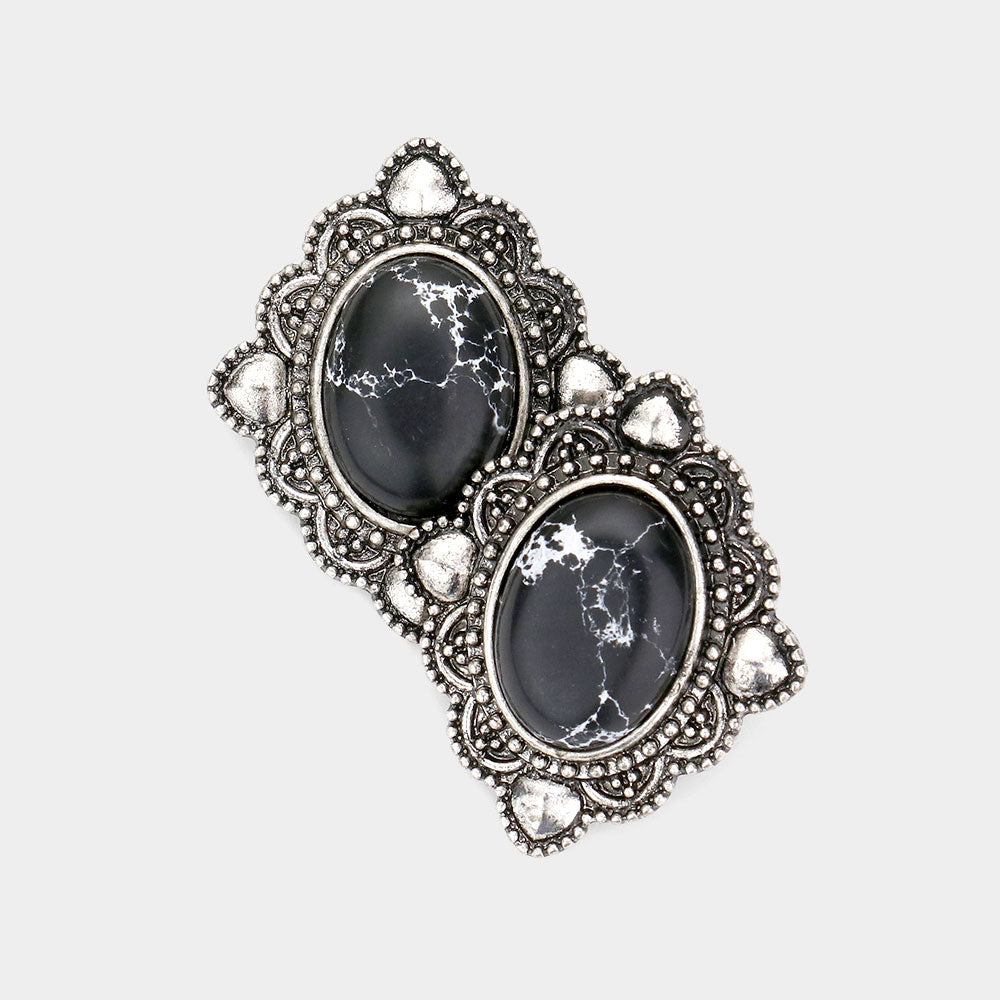 Black Silver Oval Stone Stud Earrings