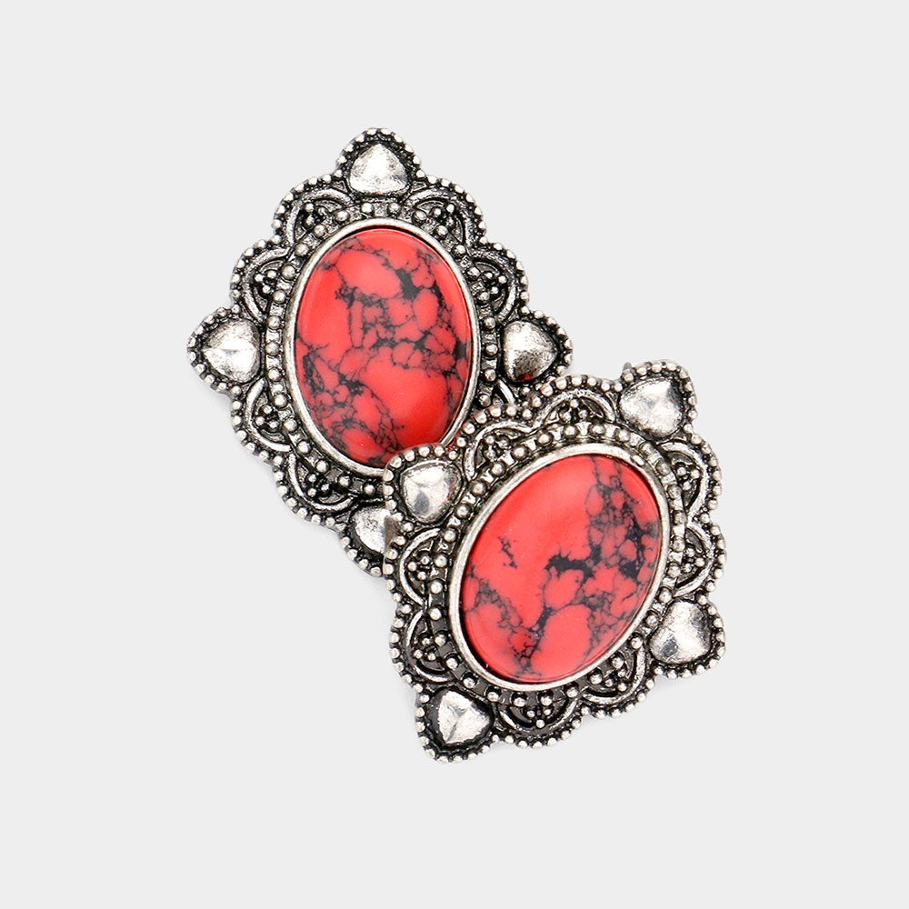Red Silver Oval Stone Stud Earrings